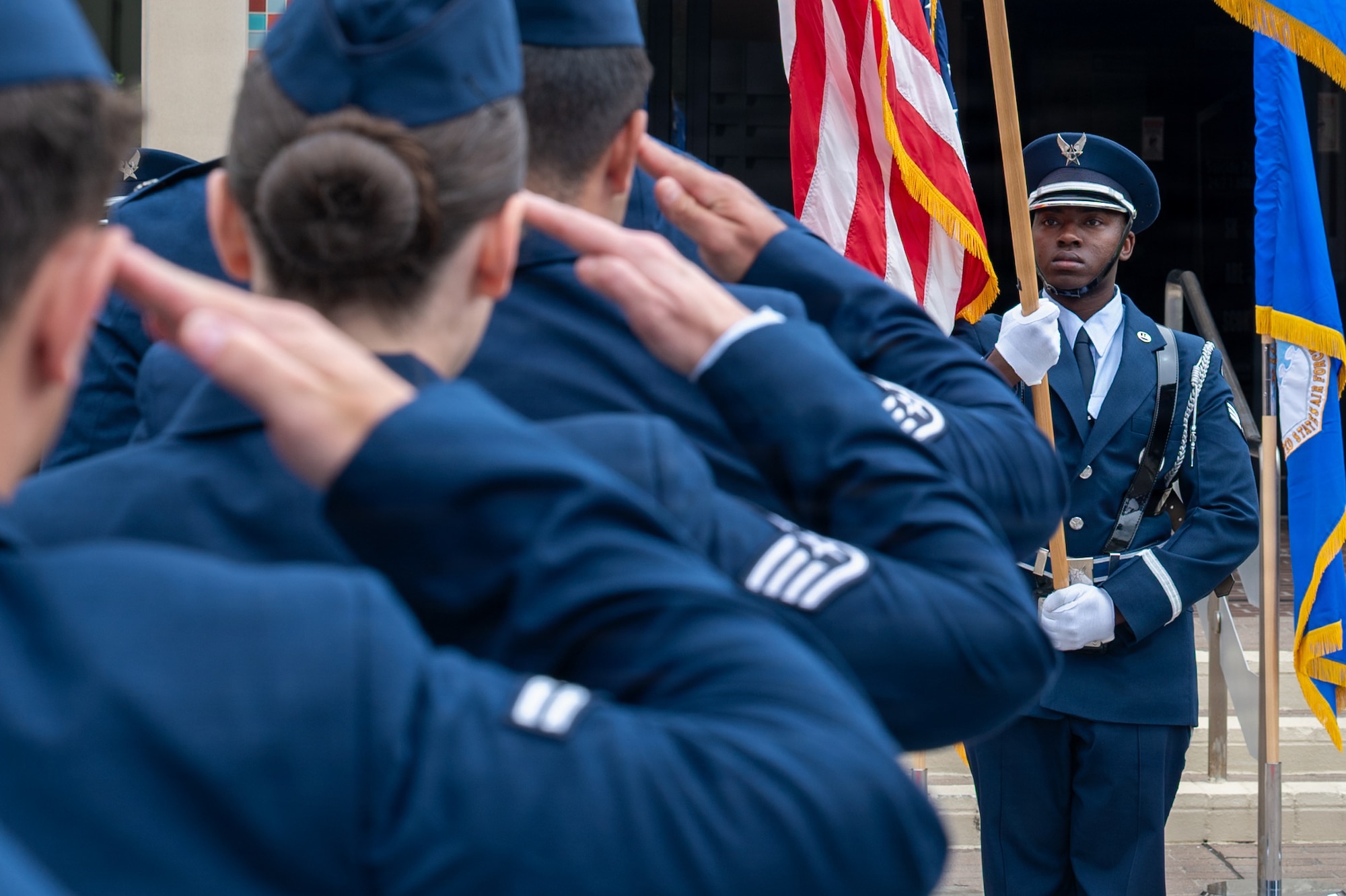 A person stands and holds a flag as others salute