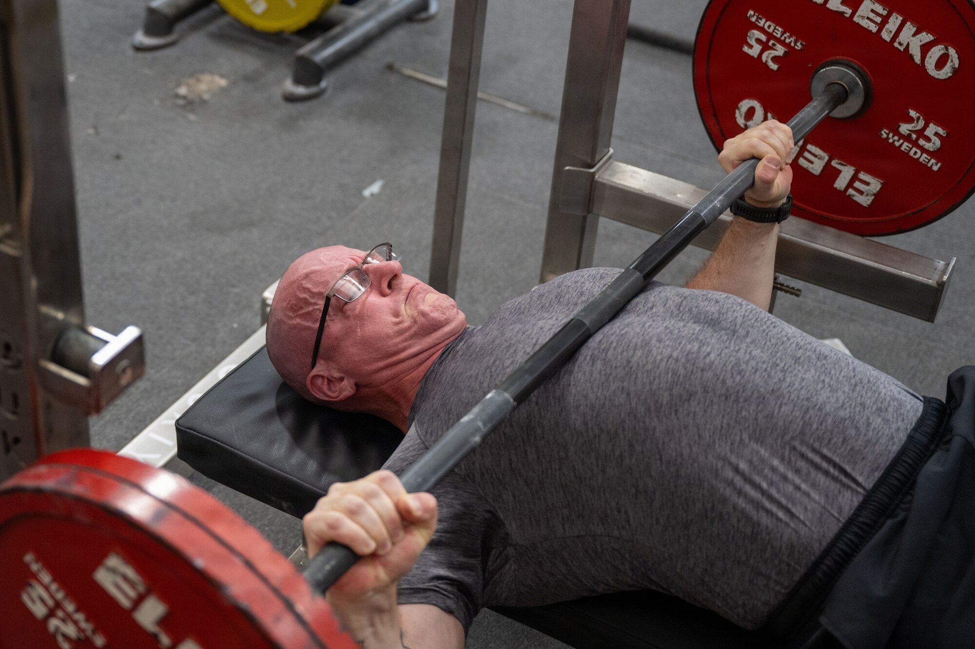 U.S. Space Force 1st Lt. Thomas Moriarty, 53rd Space Operations Squadron Detachment 4 operations officer, works out in a gym in Honolulu.