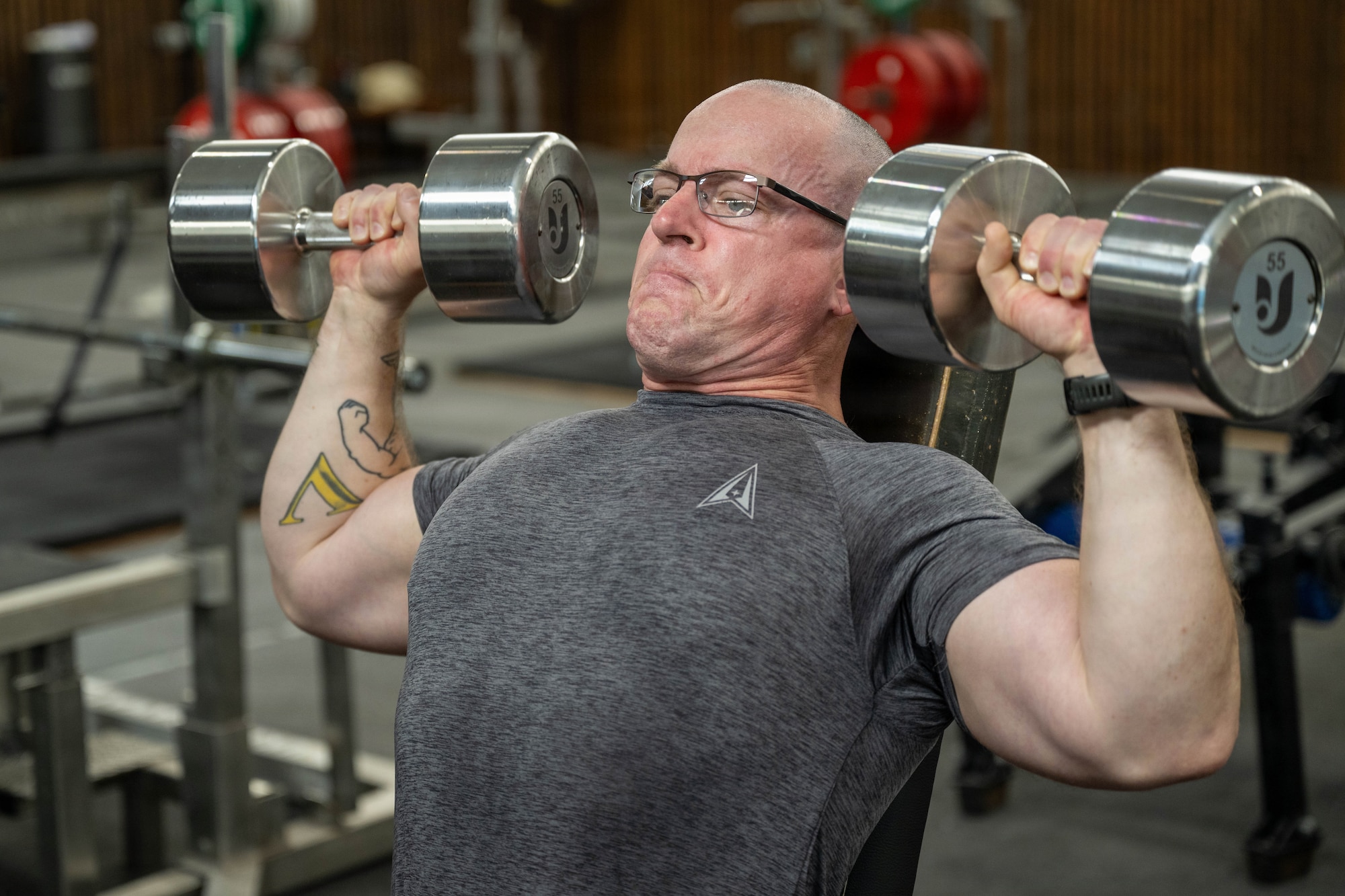 U.S. Space Force 1st Lt. Thomas Moriarty, 53rd Space Operations Squadron Detachment 4 operations officer, works out in a gym in Honolulu.