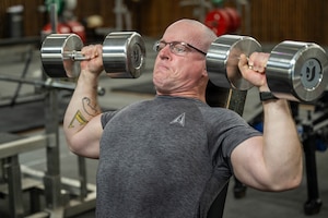 U.S. Space Force 1st Lt. Thomas Moriarty, 53rd Space Operations Squadron Detachment 4 operations officer, works out in a gym in Honolulu.