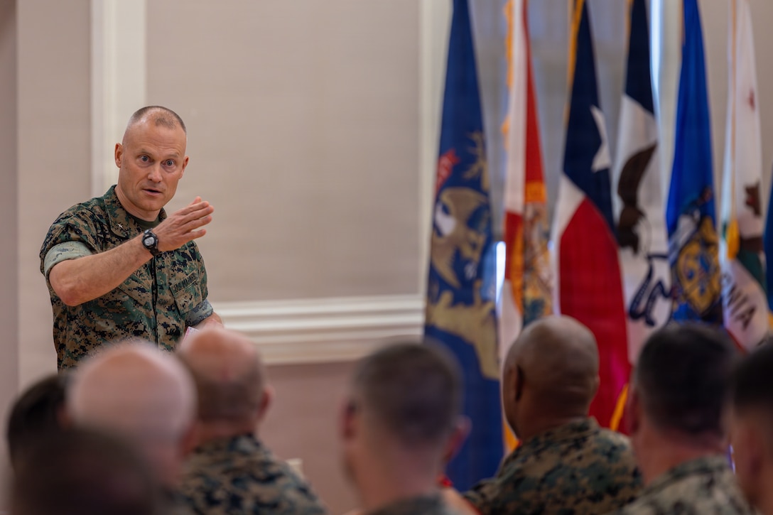 U.S. Marine Corps Brig. Gen. James W. Lively, the outgoing commanding general of 2nd Marine Expeditionary Brigade, speaks during the 2nd Marine Expeditionary Brigade change of command ceremony at Marine Corps Base Camp Lejeune, North Carolina, June 2, 2026. During the ceremony, Brig. Gen. James W. Lively relinquished command of 2nd MEB to Col. Roe S. Lemons Jr. (U.S. Marine Corps photo by Lance Cpl. Ethan Claassen)