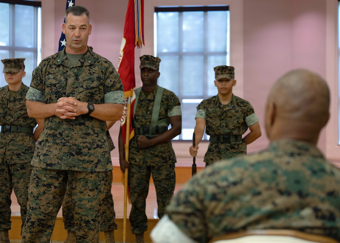 U.S. Marine Corps Brig. Gen. Robert S. Weiler, left, the oncoming commanding general of 

2nd Marine Expeditionary Brigade, speaks during the 2nd MEB Change of Command 

ceremony at Marine Corps Base Camp Lejeune, North Carolina, June 29, 2026. During the 

ceremony, Col. Roe S. Lemons Jr. relinquished command of 2nd MEB to Brig. Gen. Robert 

S. Weiler. (U.S. Marine Corps photo by Lance Cpl. Aegean DeVaughn-Wilson)