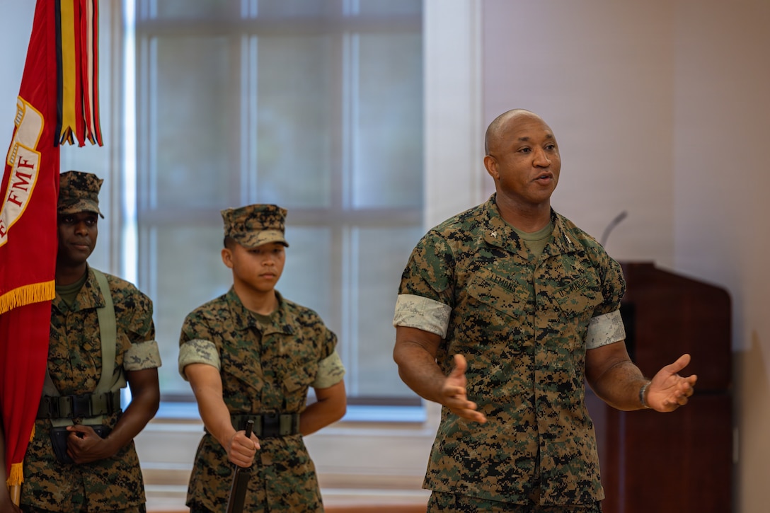U.S. Marine Corps Col. Roe S. Lemons Jr., the incoming commanding officer of 2nd Marine Expeditionary Brigade, speaks during the 2nd Marine Expeditionary Brigade change of command ceremony at Marine Corps Base Camp Lejeune, North Carolina, June 2, 2026. During the ceremony, Brig. Gen. James W. Lively relinquished command of 2nd MEB to Col. Roe S. Lemons Jr. (U.S. Marine Corps photo by Lance Cpl. Ethan Claassen)