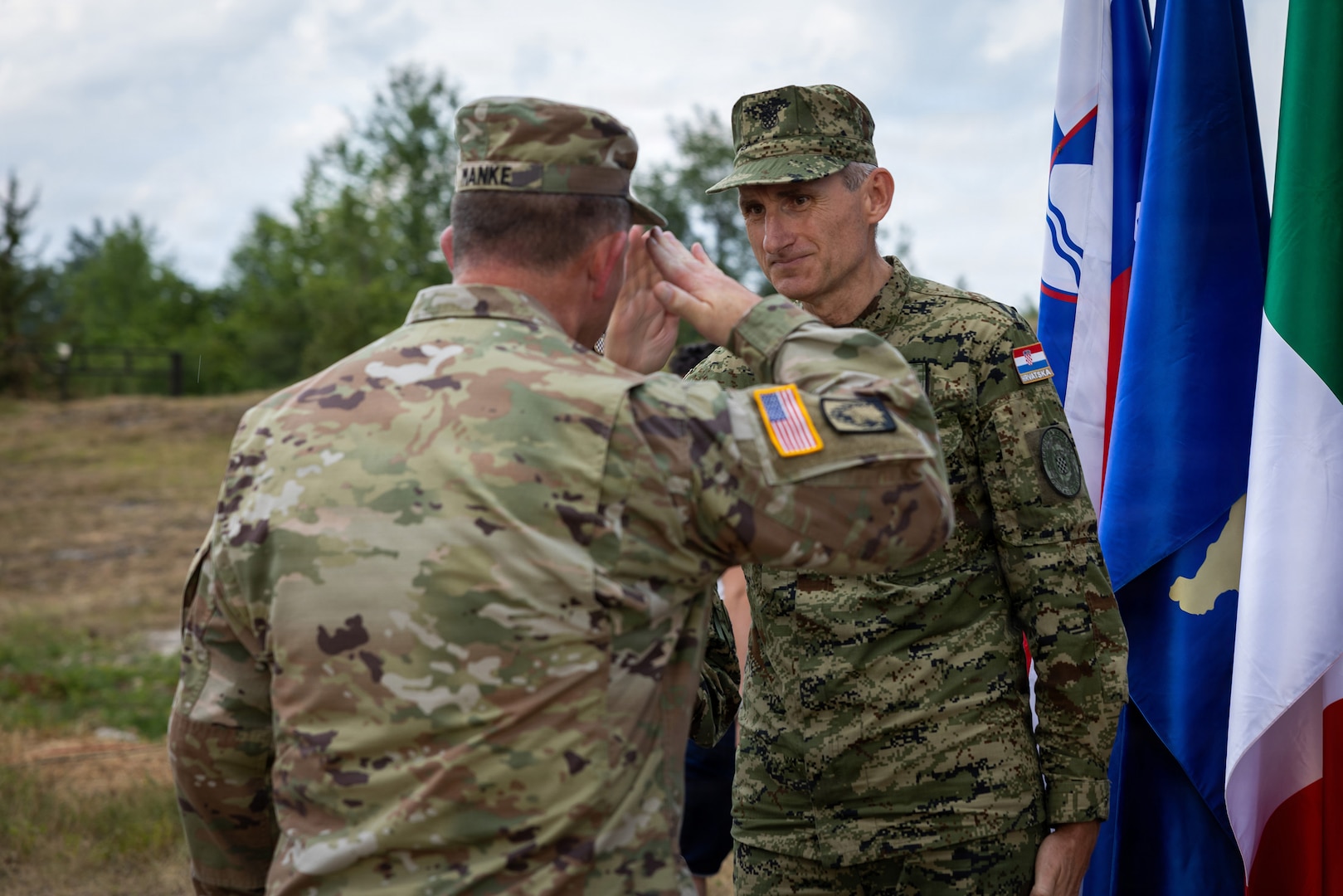 U.S. Army Maj. Gen. Shawn Manke, the adjutant general of the Minnesota National Guard, salutes the Chief of the General Staff of the Croatian Armed Forces Lt. Gen. Tihomir Kundid during the Minnesota-Croatia 30th anniversary partnership celebration in Slunj, Croatia, June 29, 2026.