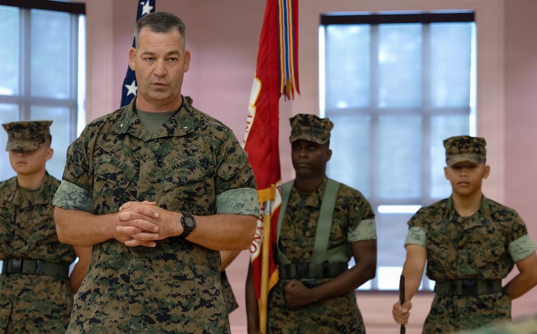 U.S. Marine Corps Brig. Gen. Robert S. Weiler, left, the oncoming commanding general of
2nd Marine Expeditionary Brigade, speaks during the 2nd MEB Change of Command
ceremony at Marine Corps Base Camp Lejeune, North Carolina, June 29, 2026. During the
ceremony, Col. Roe S. Lemons Jr. relinquished command of 2nd MEB to Brig. Gen. Robert
S. Weiler. (U.S. Marine Corps photo by Lance Cpl. Aegean DeVaughn-Wilson)