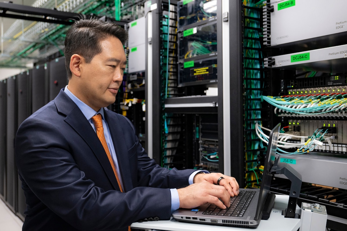 Dr. Paul Son, Chief Data and Information Officer, pictured in the Air Force Technical Applications Center’s Data Center, Patrick Space Force Base, Fla., has been selected as AFTAC’s first-ever CDIO, with a concentration on artificial intelligence and machine learning.  As the Department of War’s sole nuclear treaty monitoring center, AFTAC hired Son to modernize the center’s ecosystem to be the best it can be and apply AI/ML strategies thoughtfully to empower the workforce to do what they do best – staying ahead of the adversaries.  (U.S. Air Force photo by Matthew S. Jurgens)