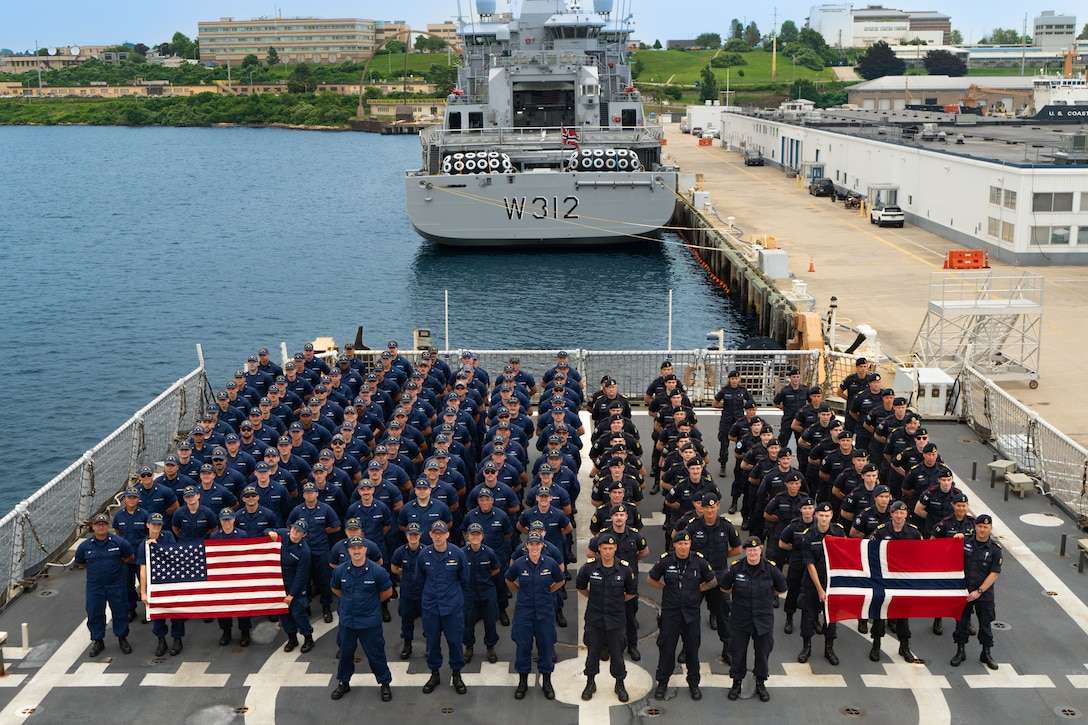 U.S. Coast Guard and Norwegian coast guard crew members pose for a group photo aboard the Legend-class national security cutter USCGC Stone (WMSL 758), in Newport, Rhode Island, July 15, 2026. The crews completed a weeklong training engagement focused on strengthening interoperability and maritime partnerships. Norway is one of seven Arctic Council member states. (U.S. Coast Guard courtesy photo)
