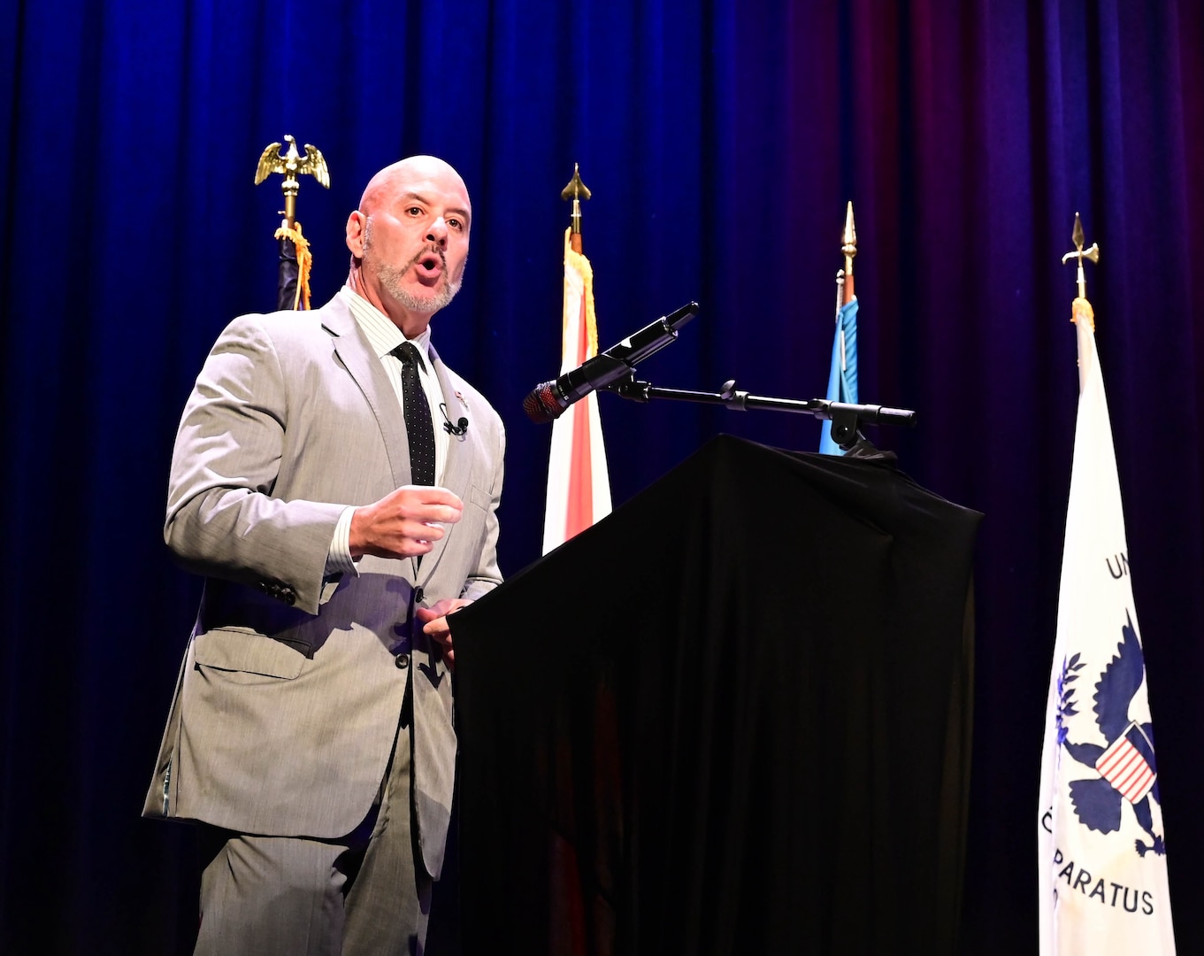 A guest speaker delivers remarks during the inaugural Florida Department of Homeland Security Awards Ceremony at the Clermont Performing Arts Center in Clermont, Florida, July 15, 2026. The event recognized state and federal partnerships as well as individuals nominated for their contribution during joint operations to protect our nation and safeguard the State of Florida in the past year.
