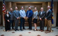 Naval Surface Warfare Center, Philadelphia Division’s (NSWCPD) Helo Hangar Door Team has been named a recipient of the NAVSEA Readiness Generation Award. (L-R) Mariah Schmelzle, Daniel Turek, James Case, Kenneth Poole, Salvatore DeSantis, Kristen Bradshaw, Patrick Violante, and Philip T. Greiner. Team members not present: Randall Kern, Allison Hice, and Tyler Sutton. (U.S. Navy photo by Jay Butterbaugh, CTR)