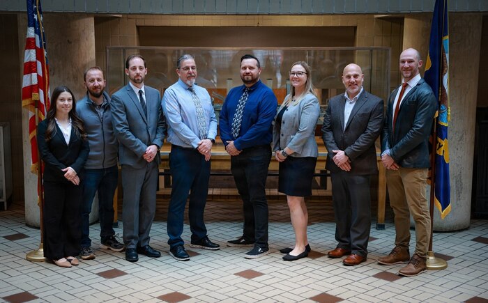 Naval Surface Warfare Center, Philadelphia Division’s (NSWCPD) Helo Hangar Door Team has been named a recipient of the NAVSEA Readiness Generation Award. (L-R) Mariah Schmelzle, Daniel Turek, James Case, Kenneth Poole, Salvatore DeSantis, Kristen Bradshaw, Patrick Violante, and Philip T. Greiner. Team members not present: Randall Kern, Allison Hice, and Tyler Sutton. (U.S. Navy photo by Jay Butterbaugh, CTR)