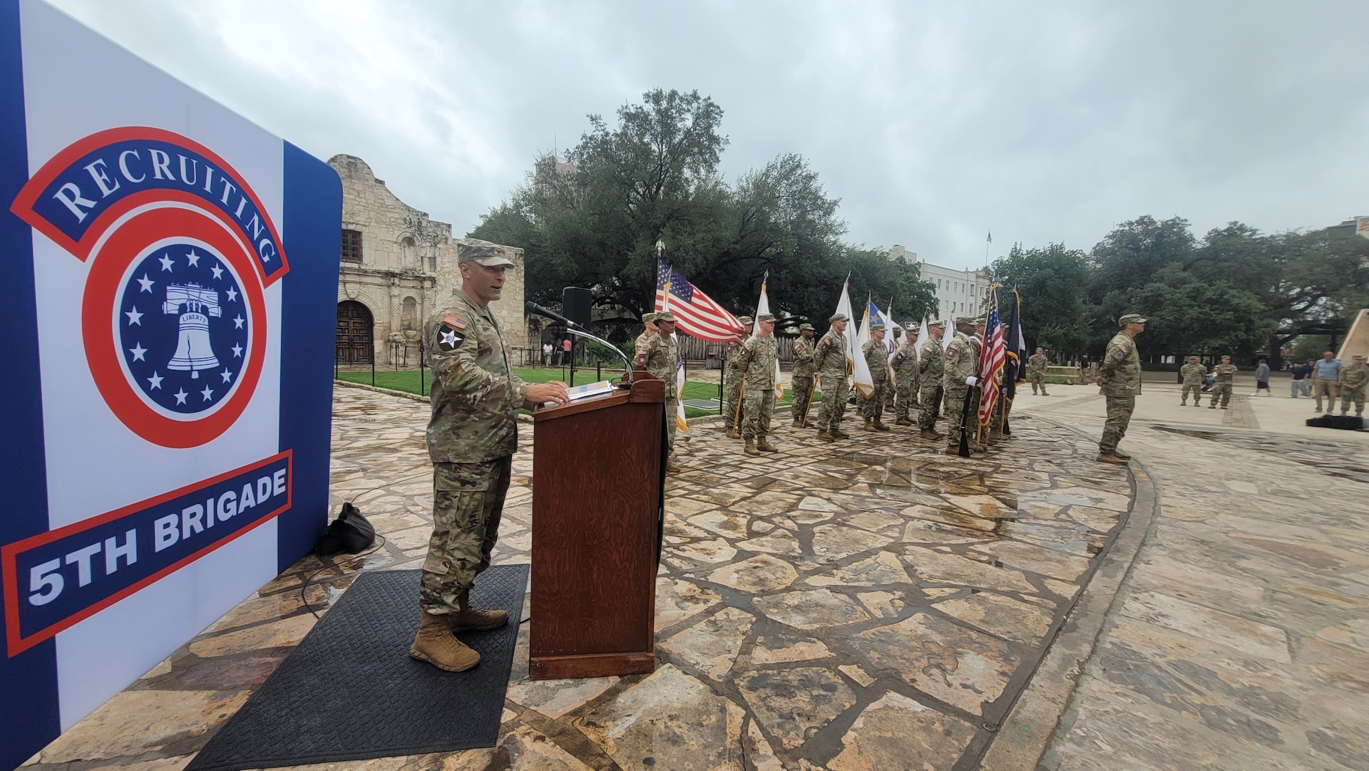 Col. Bennett gives remarks at the 5th BDE Change of Command ceremony on July 16, 2026 at the Alamo.
