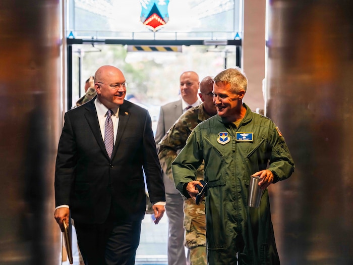 U.S. Air Force Lieutenant General Daniel H. Tully, Air University commander, right, converses with Christopher B. Roberts, Auburn University president, during a tour at Maxwell Air Force Base, AL, July 10, 2026.