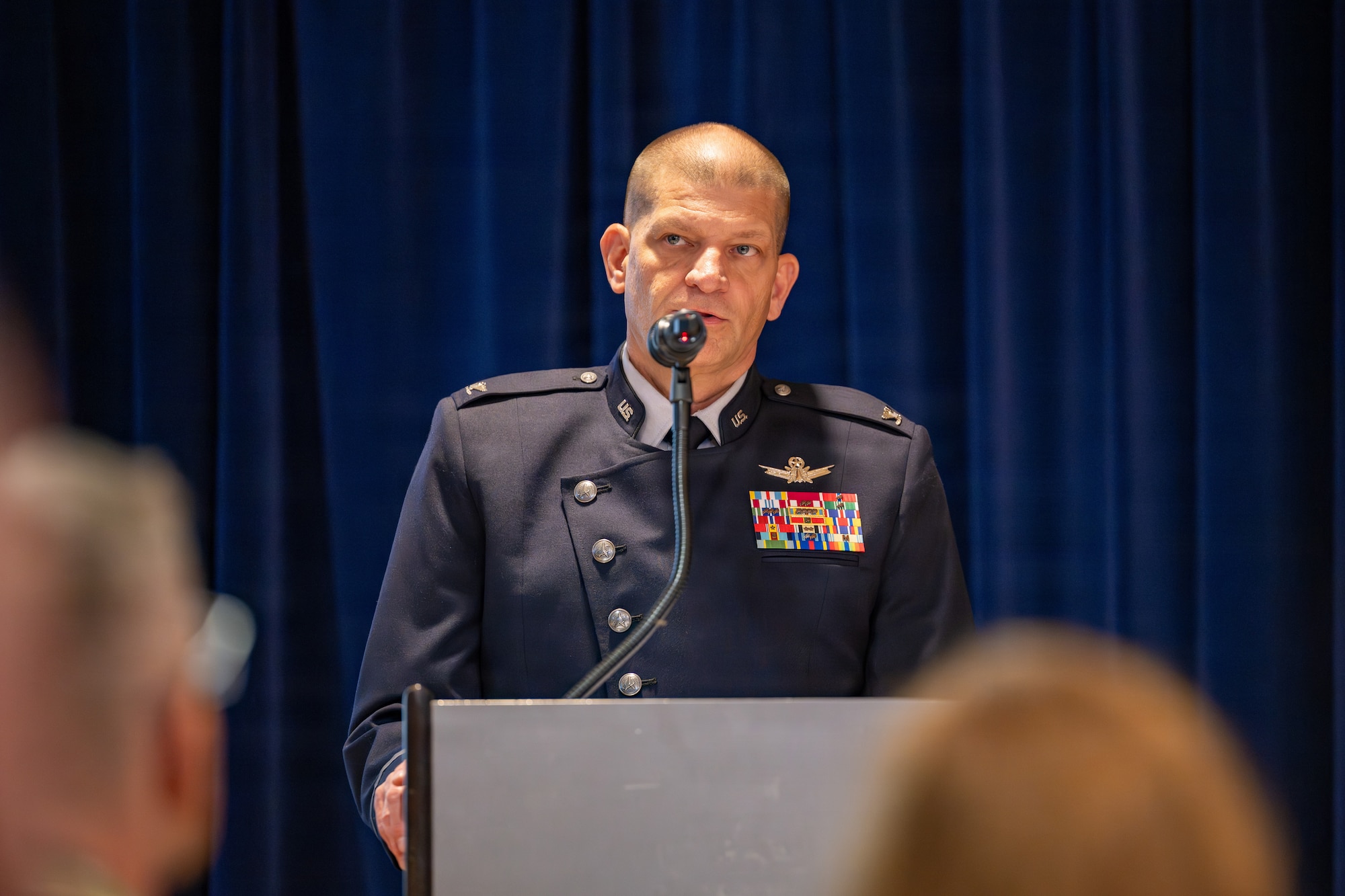 U.S. Space Force Col. Kenneth Klock, Space Base Delta 1 commander, gives remarks during the 21st Medical Group change of command ceremony