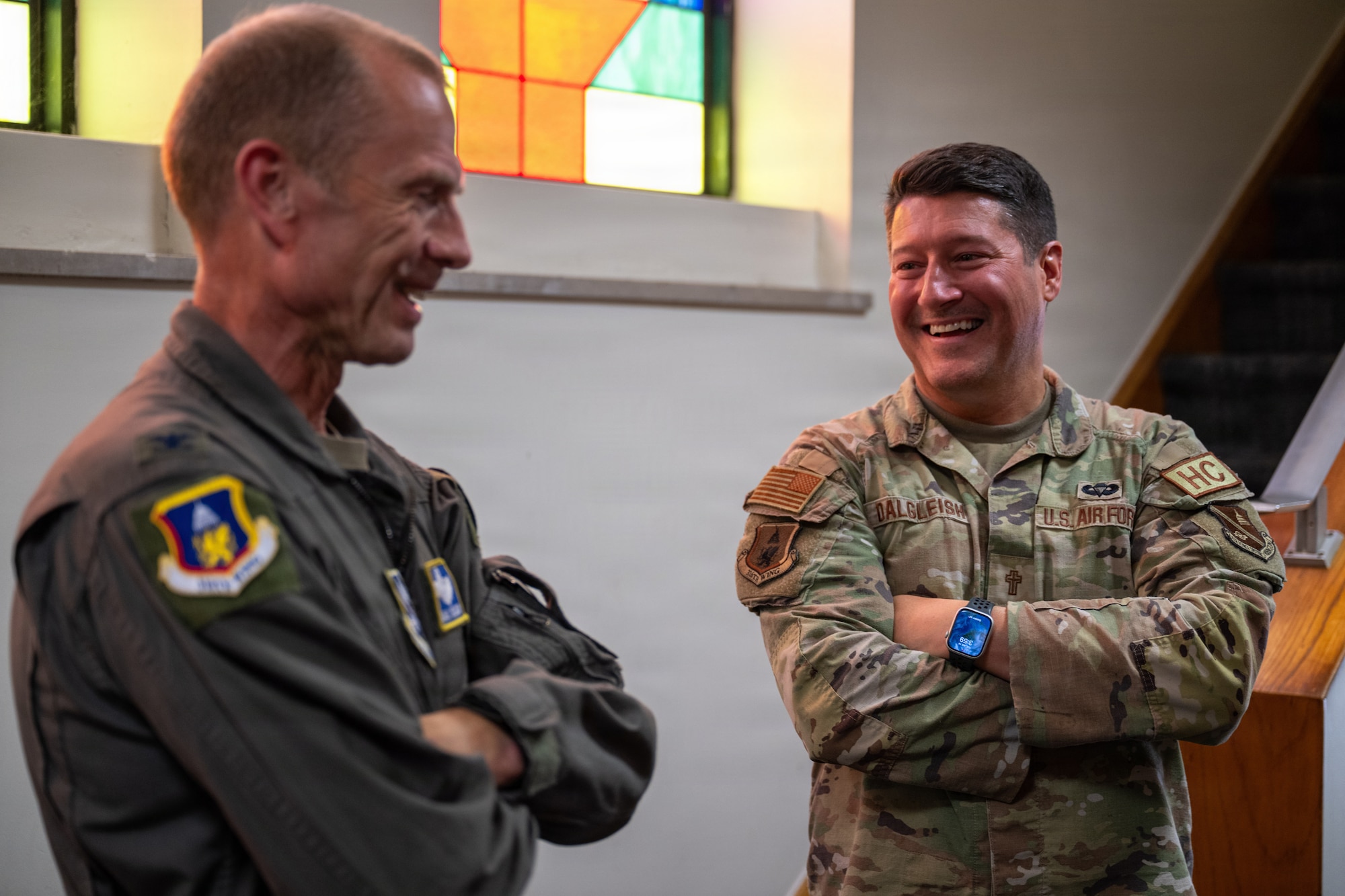 U.S. Air Force Col. Karl W. Seekamp, 316th Wing and installation commander, left, speaks with Lt. Col. Lucas Dalgleish, 316th Wing Chaplain, during his wing immersion.
