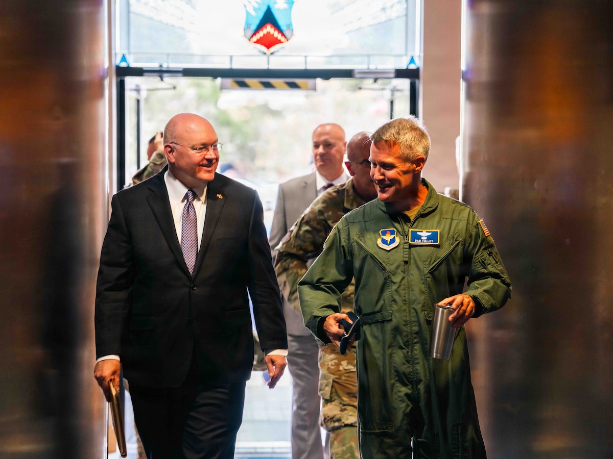 U.S. Air Force Lieutenant General Daniel H. Tully, Air University commander, right, converses with Christopher B. Roberts, Auburn University president, during a tour at Maxwell Air Force Base, AL, July 10, 2026.