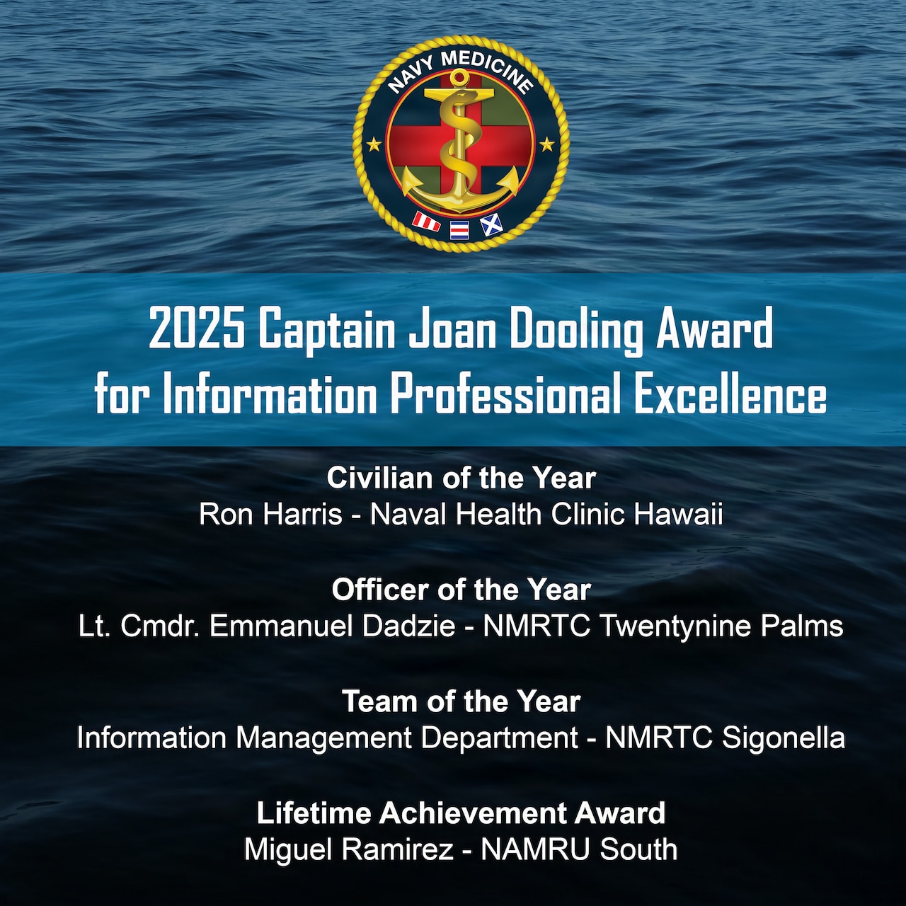 FALLS CHURCH, Va. — A graphic highlights the 2025 recipients of the Captain Joan Dooling Award for Information Professional Excellence. The annual award recognizes military and civilian personnel who demonstrate outstanding innovation in information technology, information management, and informatics in direct support of the Navy Medicine readiness mission. The 2025 honorees are Mr. Ron Harris, Civilian of the Year (Naval Health Clinic Hawaii); Lt. Cmdr. Emmanuel T. Dadzie, Officer of the Year (Navy Medicine Readiness and Training Command Twentynine Palms); the Information Management Department at NMRTC Sigonella, Team of the Year; and Mr. Miguel Ramirez, Lifetime Achievement (Naval Medical Research Unit SOUTH). (U.S. Navy graphic by Mass Communication Specialist 2nd Class Sasha Ambrose)