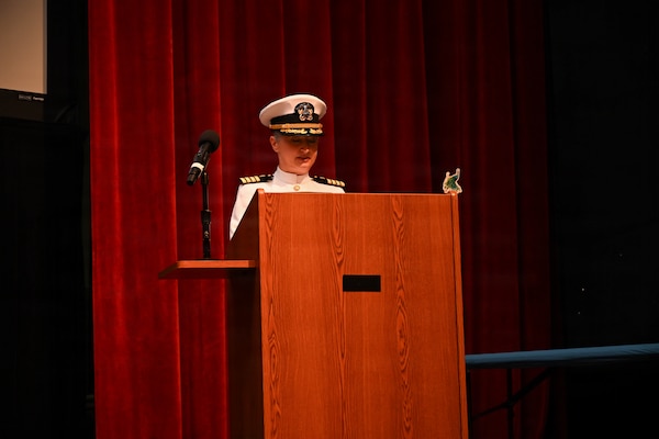 U.S. Navy Capt. Lacy Gee, incoming commanding officer, Navy Medicine Training Support Command, delivers remarks during a change of command ceremony at Joint Base San Antonio-Fort Sam Houston, July 17, 2026. (U.S. Navy photo by Mass Communication Specialist Seaman Christine Walters)
