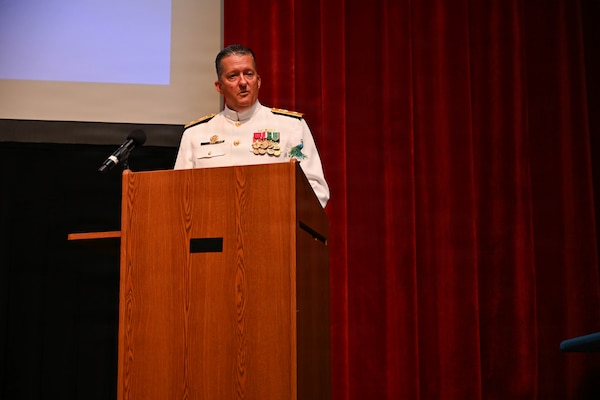 U.S. Navy Rear Adm. Walter Brafford, commander, Naval Medical Forces Development Command, delivers remarks during the change of command ceremony by which U.S. Navy Capt. Lacy Gee relieved U.S. Navy Capt. Richard Lawrence as commanding officer, Navy Medicine Training Support Command at Joint Base San Antonio-Fort Sam Houston, July 17, 2026. (U.S. Navy photo by Mass Communication Specialist Seaman Christine Walters)
