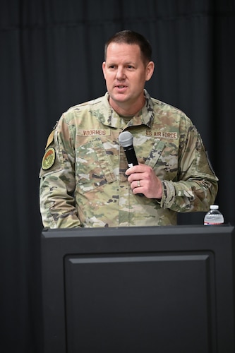 Brig. Gen. Jason Voorheis speaks to all in attendance during the Command and Control, Intelligence, Surveillance, and Reconnaissance division’s assumption of leadership ceremony, here, July 16. Voorheis is the Department of the Air Force Portfolio Acquisition Executive for Command, Control, Communications and Battle Management. C2ISR is a division within C3BM that provides acquisition and sustainment leadership supporting multiple operational weapons systems and mission-critical capabilities supporting the Air Force intelligence community. (Official Air Force photo by Richard Blumenstein).