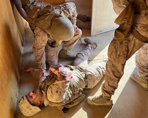 Navy chaplains and religious program specialists work together to practice delivering expeditionary ministry care in austere environments through a mass casualty exercise on June 16, 2026 at Camp Wilson aboard Marine Corps Air Ground Combat Center Twentynine Palms. (Courtesy Photo).