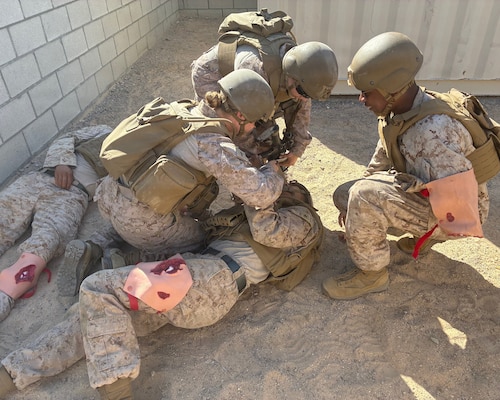 Navy chaplains and religious program specialists work together to practice delivering expeditionary ministry care in austere environments through a mass casualty exercise on June 16, 2026 at Camp Wilson aboard Marine Corps Air Ground Combat Center Twentynine Palms. (Courtesy Photo).