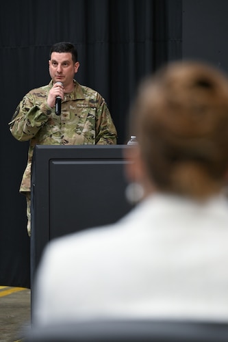 Col. Joseph Dolce speaks to all in attendance during the Command and Control, Intelligence, Surveillance, and Reconnaissance division’s assumption of leadership ceremony, here, July 16. During the ceremony, Dolce was appointed as the C2ISR division senior materiel leader. C2ISR is a division within the Department of the Air Force Portfolio Acquisition Executive for Command, Control, Communications and Battle Management. It provides acquisition and sustainment leadership supporting multiple operational weapons systems and mission-critical capabilities supporting the Air Force intelligence community. (Official Air Force photo by Richard Blumenstein).