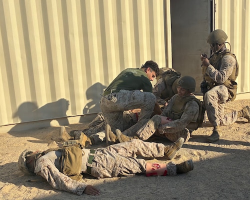 Navy chaplains and religious program specialists work together to practice delivering expeditionary ministry care in austere environments through a mass casualty exercise on June 16, 2026 at Camp Wilson aboard Marine Corps Air Ground Combat Center Twentynine Palms. (Courtesy Photo).