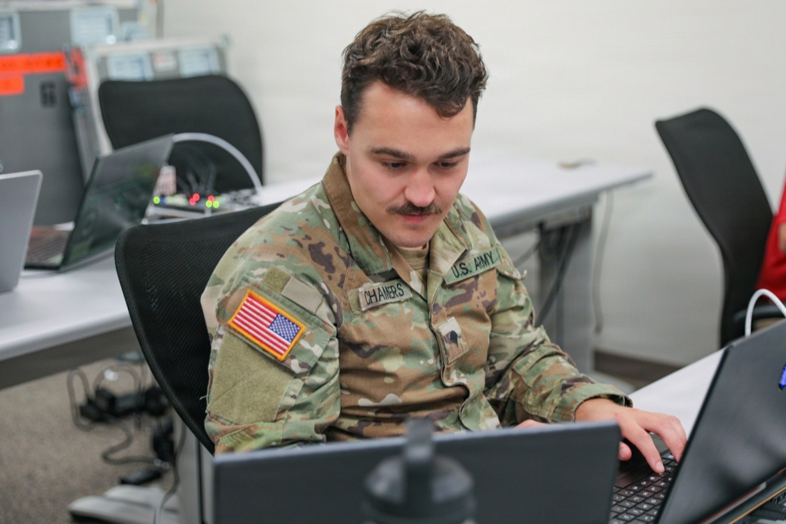 U.S. Army Spc. Hunter Chamber, Headquarters and Headquarters Company, 60th Troop Command, North Carolina National Guard, conducts training on strategies to breach computer networks during Cyber Shield 2026 at the Professional Education Center in Little Rock, Arkansas, July 14, 2026
