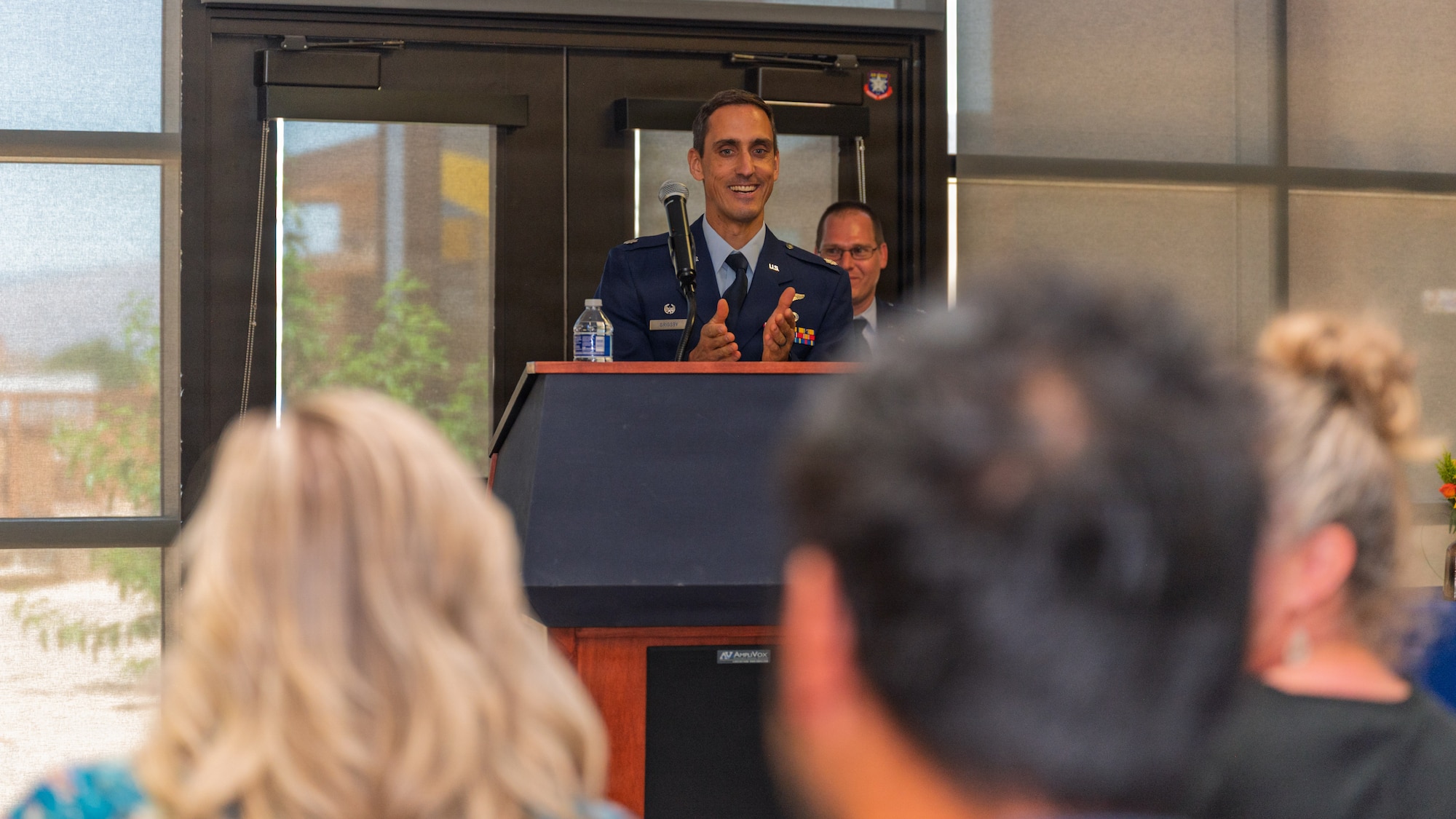 U.S. Air Force Lt. Col. Neil Grigsby, 746th Test Squadron commander, gives remarks to attendees during a change of command ceremony at Holloman Air Force Base, New Mexico, June 10, 2026. The change of command ceremony is an American military tradition deeply rooted in history, signifying the authority of the incoming commander. (U.S. Air Force photo by Airman Jose Veras)