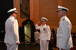 U.S. Navy Capt. Lacy Gee reports to U.S. Navy Rear Adm. Walter Brafford, presiding officer and commander, Naval Medical Forces Development Command, during a change of command ceremony by which Gee relieved U.S. Navy Capt. Richard Lawrence as commanding officer, Navy Medicine Training Support Command, July 17, 2026. (U.S. Navy photo by Seaman Christine Walters)
