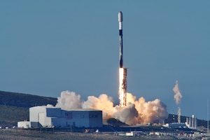 A rocket launches into the air.