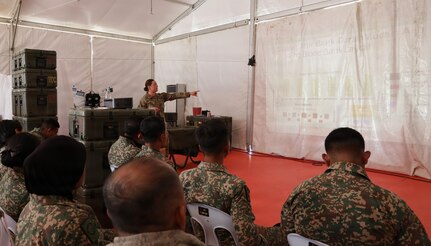 U.S. Army Staff Sgt. Anita Neuhas trains members of the Malaysian Army and Guam Army National Guard on mobile blood bank operations during Exercise Keris Strike near Kota Belud, Malaysia, July 17, 2026.