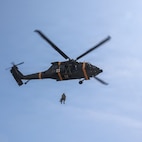 A UH-60 Black Hawk helicopter hoists a simulated casualty during a joint medical evacuation training event between the 709th Medical Company (Area Support), Illinois Army National Guard, and the Malaysian Army's 5th Infantry Division.