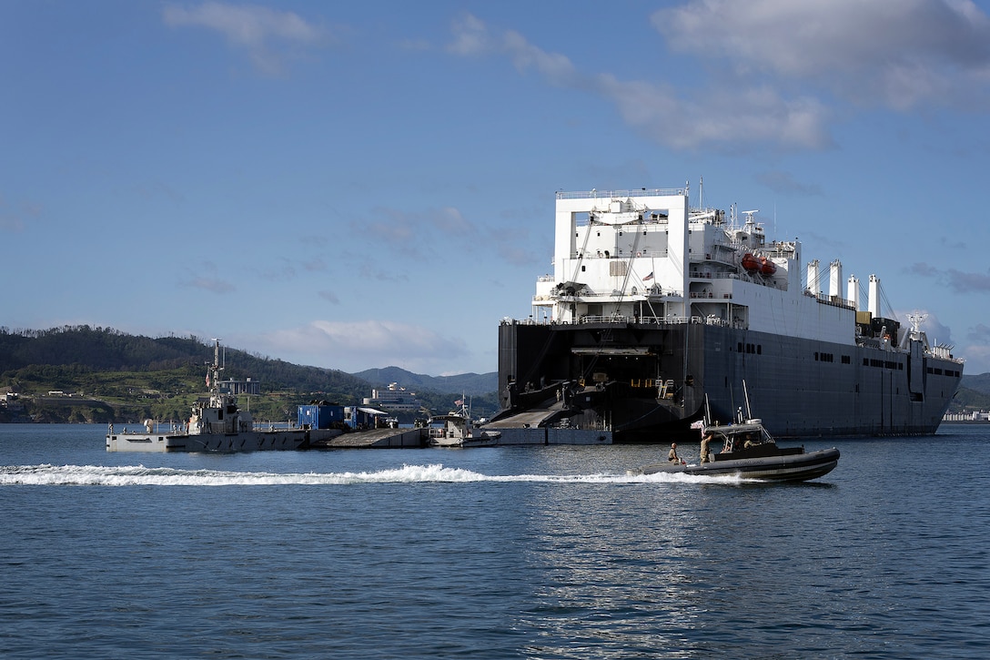 USNS Sisler is moored July 14, 2026, near Pohang, South Korea, during Combined Joint Logistics Over-the-Shore 26. The vessel supported ship-to-shore logistics as U.S. and Republic of Korea forces integrated lighterage and connector capabilities while Blount Island Command's technical assistance and advisory team provided expertise in embarkation, maritime sustainment and equipment accountability. (U.S. Marine Corps photo by Dustin Senger)