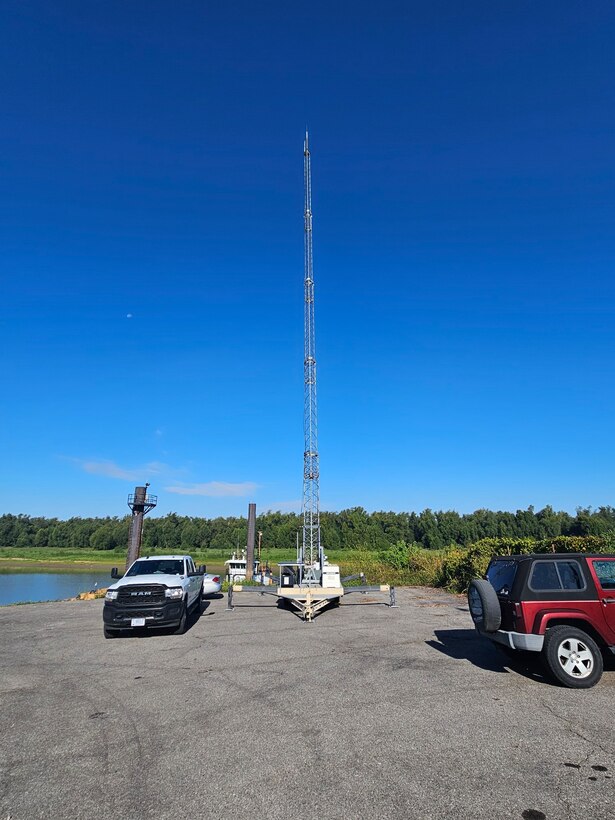Researchers at the U.S. Army Engineer Research and Development Center deploy a mobile trailer equip with U.S. Army Corps of Engineers Lock Operations Management Application (LOMA) capabilities to help strengthen gaps in broadcast coverage and allow critical messages to be transmitted to vessel traffic in Hickman, Kentucky.