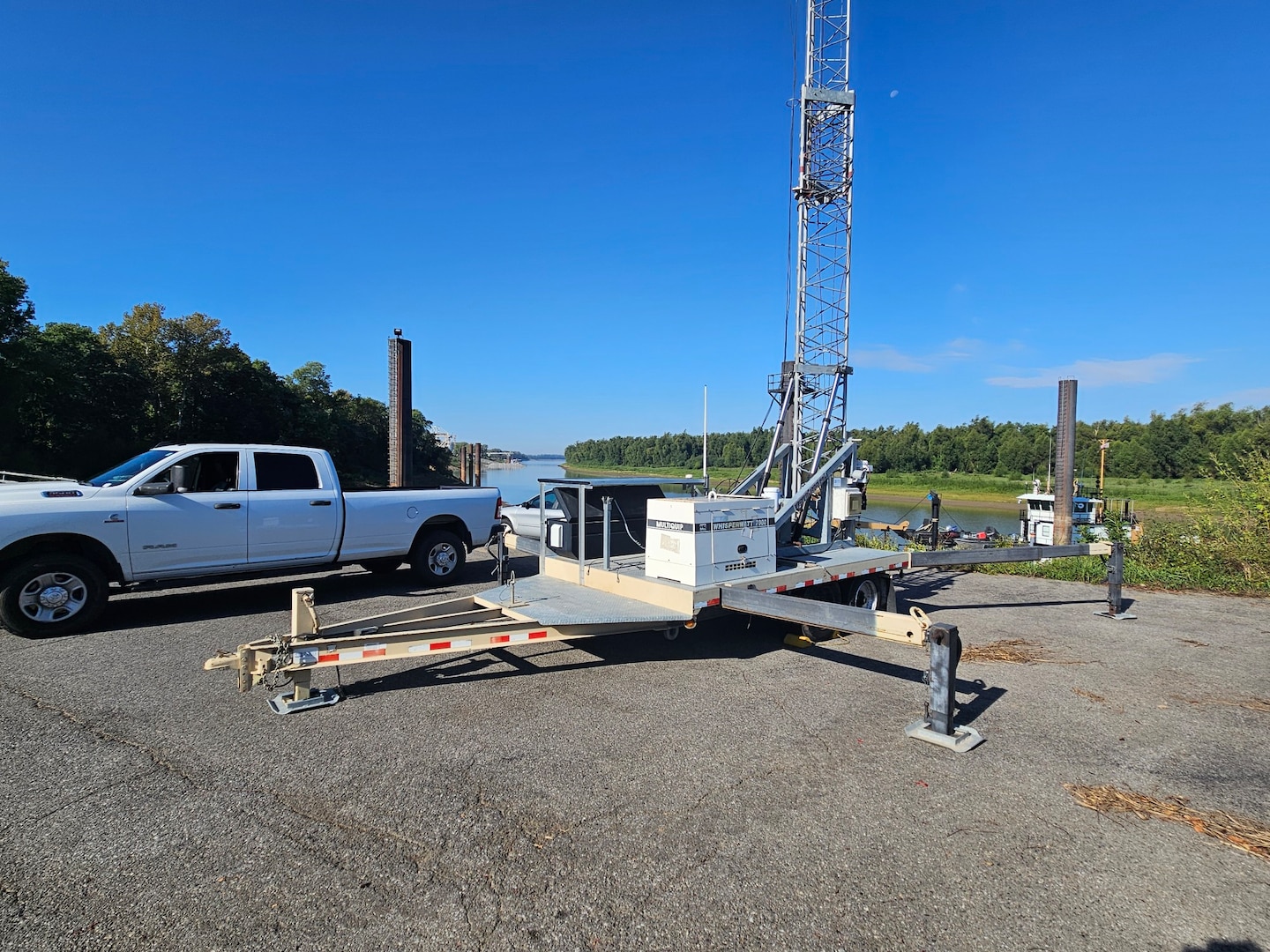 Researchers at the U.S. Army Engineer Research and Development Center deploy a mobile trailer equip with U.S. Army Corps of Engineers Lock Operations Management Application (LOMA) capabilities to help strengthen gaps in broadcast coverage and allow critical messages to be transmitted to vessel traffic in Hickman, Kentucky.