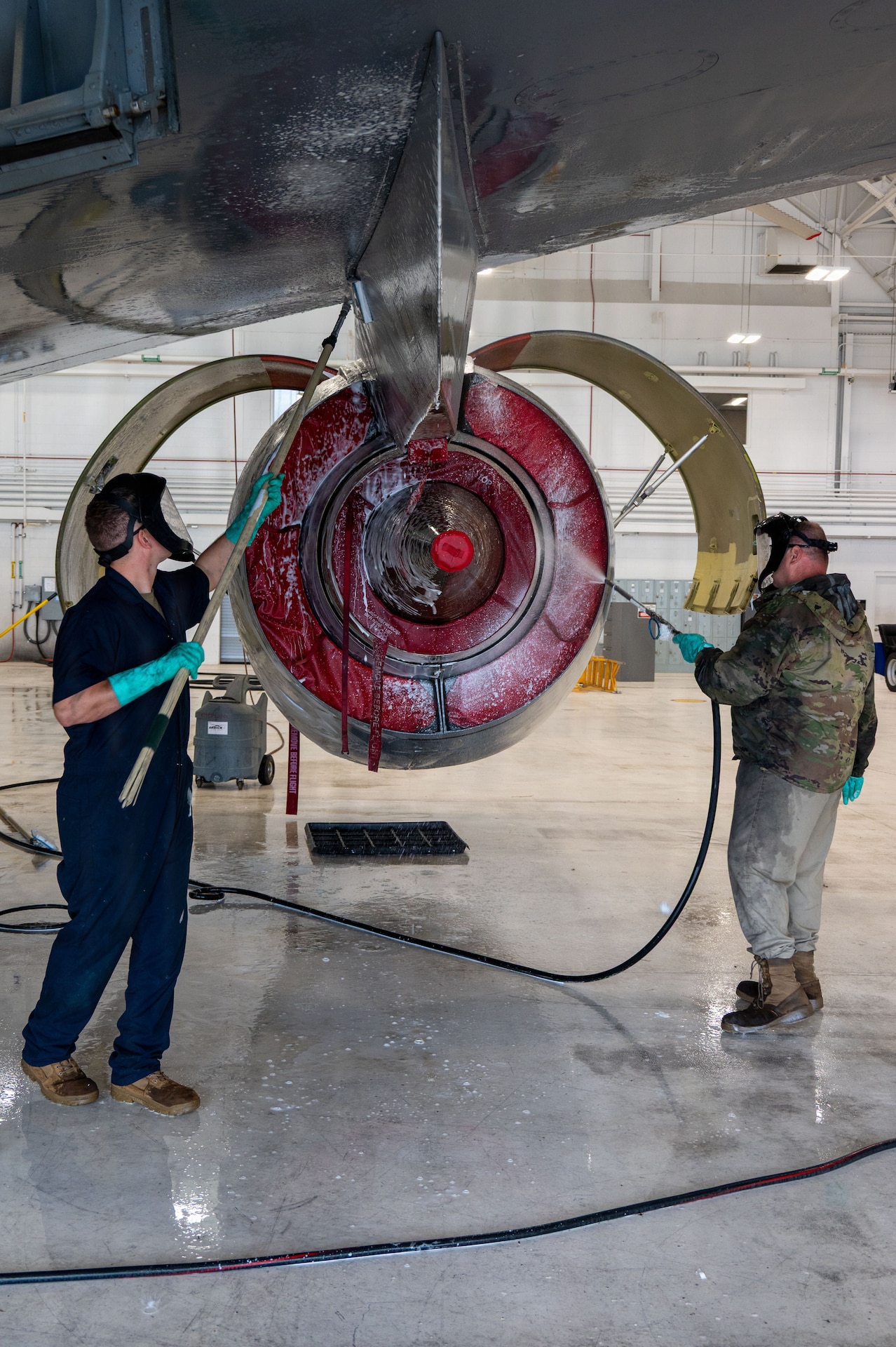 Pennsylvania Air National Guardsmen assigned to the 171st Maintenance Squadron, wash a KC-135 Stratotanker aircraft at the 171st Air Refueling Wing near Pittsburgh, Pennsylvania, May 6, 2026. Proper upkeep and maintenance on the KC-135 is essential to maintaining mission readiness at the 171st. (U.S. Air National Guard photo by Tech. Sgt. Rebecca A. Wirth)