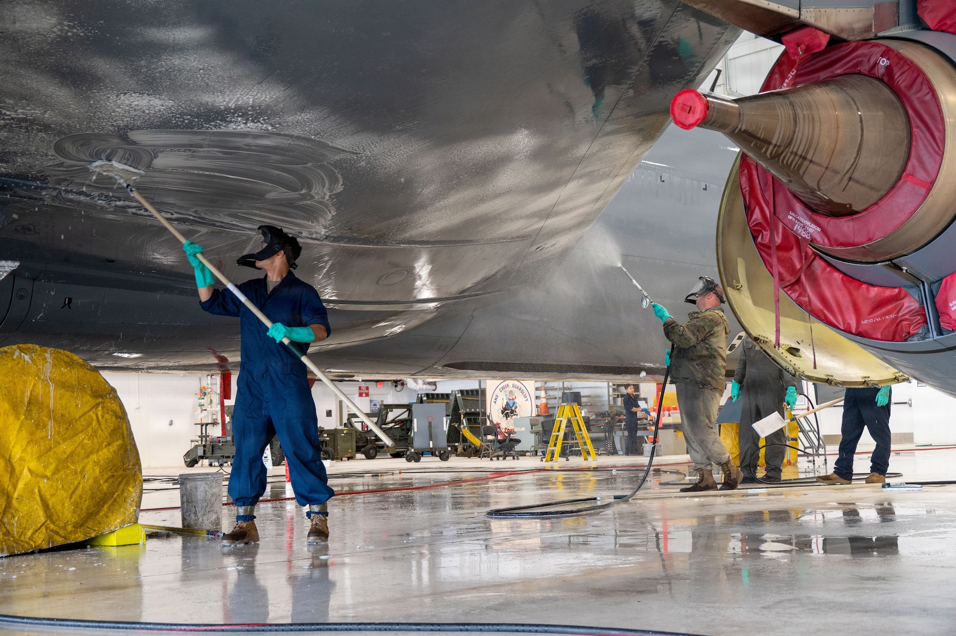 Pennsylvania Air National Guardsmen assigned to the 171st Maintenance Squadron, wash a KC-135 Stratotanker aircraft at the 171st Air Refueling Wing near Pittsburgh, Pennsylvania, May 6, 2026. Proper upkeep and maintenance on the KC-135 is essential to maintaining mission readiness at the 171st. (U.S. Air National Guard photo by Tech. Sgt. Rebecca A. Wirth)