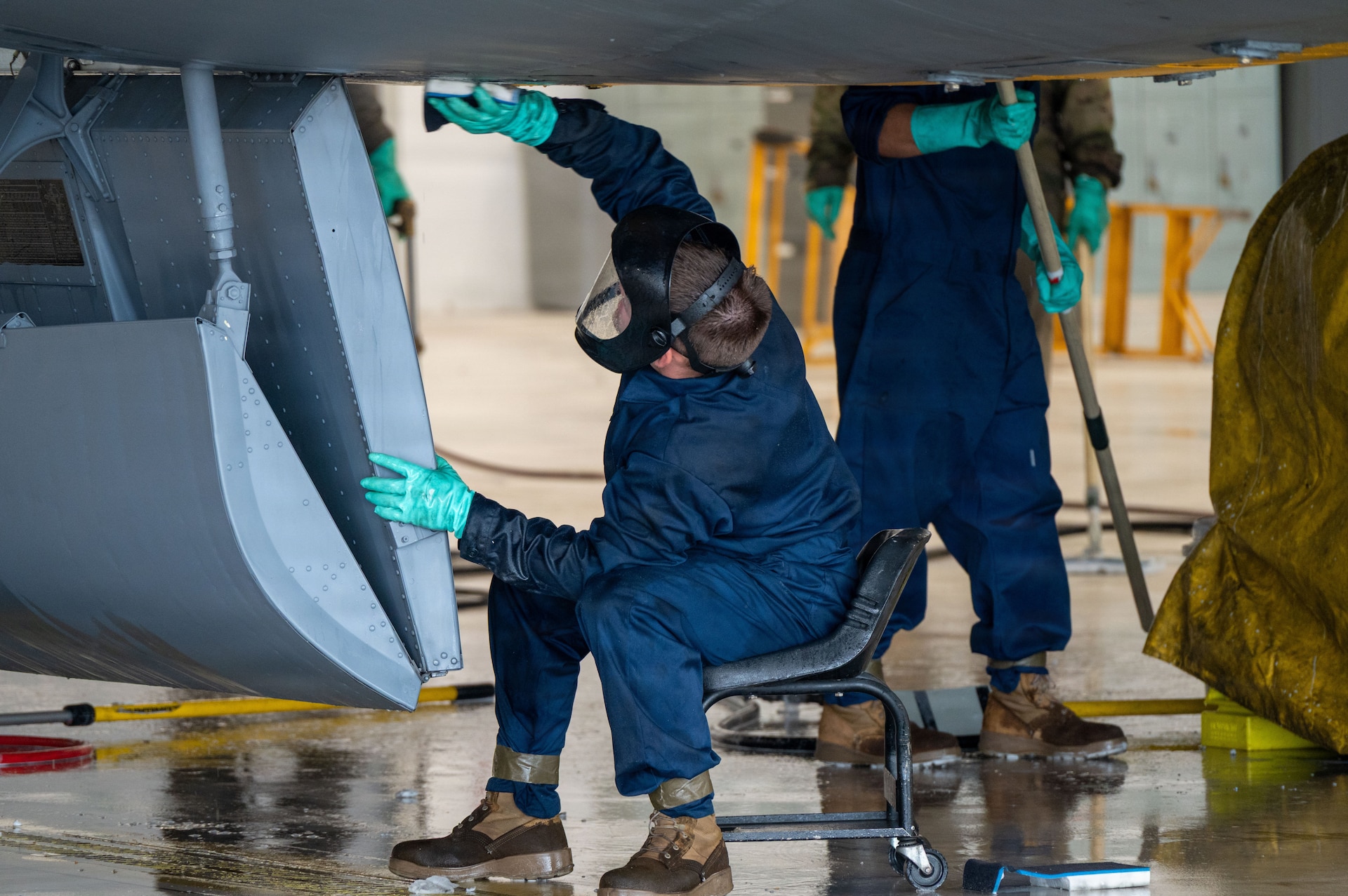 Pennsylvania Air National Guardsmen assigned to the 171st Maintenance Squadron, wash a KC-135 Stratotanker aircraft at the 171st Air Refueling Wing near Pittsburgh, Pennsylvania, May 6, 2026. Proper upkeep and maintenance on the KC-135 is essential to maintaining mission readiness at the 171st. (U.S. Air National Guard photo by Tech. Sgt. Rebecca A. Wirth)