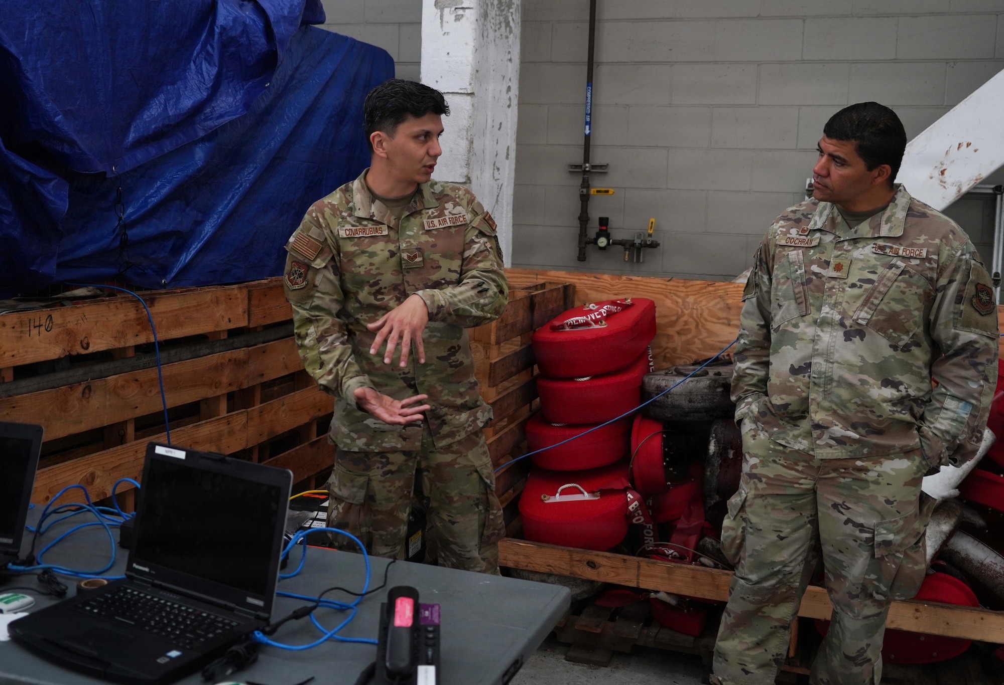 Members of the 146th Communications Flight, California Air National Guard, provide communications support during a Navy training exercise at Naval Air Station North Island, California, ensuring reliable connectivity and network operations for participating forces on April 11, 2026. The exercise provided the Airmen an opportunity to apply their technical expertise in a joint training environment while supporting mission readiness and interoperability among military partners. (U.S. Air National Guard photos by Tech. Sgt. Michelle Ulber)