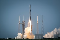The Robotic Servicing of Geosynchronous Satellite (RSGS) payload, on board SpaceLogistic’s, a Northrop Grumman company, Mission Robotic Vehicle (MRV), launches from the U.S. Space Force Station in Cape Canaveral, Fla., July 21, 2026 . RSGS is the first privately owned, operational robotic in-space servicing mission that extends the life and resilience of satellites in geosynchronous orbit (GEO) through on-orbit servicing. (U.S. Navy photo by Sarah Peterson)