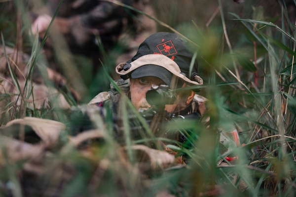 U.S. Army Pfc. Grayson Flurry, an infantryman with 1st Battalion, 179th Infantry Regiment, 45th Infantry Brigade Combat Team, Oklahoma Army National Guard, pulls security during force-on-force tactical training at Exercise Keris Strike, or KS, near Kota Belud, Malaysia, July 19, 2026.