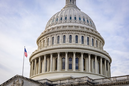 A large, dome-shaped building with an American flag flying from the rooftop.