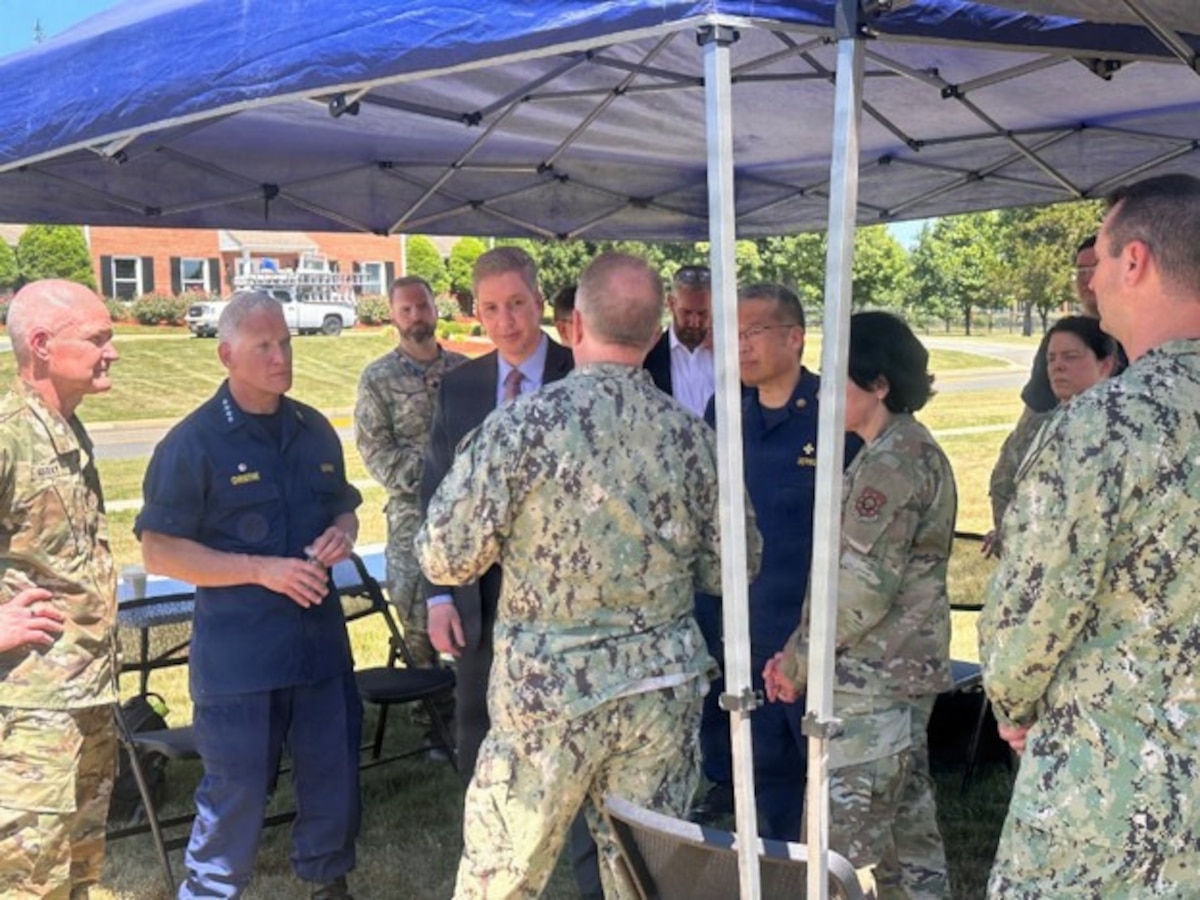 Maj. Gen. John Murray, Joint Staff surgeon, Adm. Brian Christine, assistant secretary for Health and head of the U.S. Public Health Service Commissioned Corps and the Honorable Keith Bass, assistant secretary of defense for Health Affairs, receive briefs during an Ebola response training visit June 5, 2026, Omaha, Neb. “The C-STARS team has been an invaluable partner in preparing our officers for the 2026 Ebola response mission in Kenya,” Schobitz said. “Their operational expertise and commitment to continuously refining training based on real-world conditions ensure our U.S. Public Health Service officers are ready to care for American citizens and respond effectively in one of the world's most challenging public health environments.” (U.S Public Health Service photo by Lt. Cmdr Candace Marshall Humphrey)