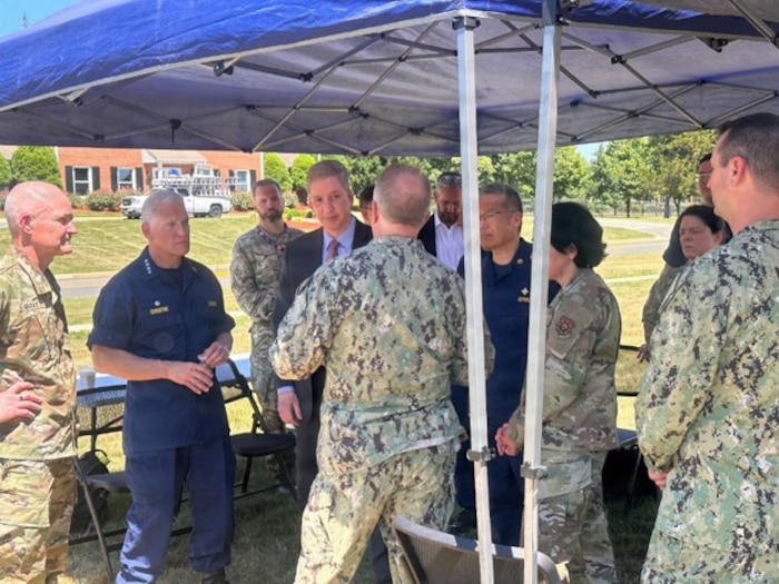Maj. Gen. John Murray, Joint Staff surgeon, Adm. Brian Christine, assistant secretary for Health and head of the U.S. Public Health Service Commissioned Corps and the Honorable Keith Bass, assistant secretary of defense for Health Affairs, receive briefs during an Ebola response training visit June 5, 2026, Omaha, Neb. “The C-STARS team has been an invaluable partner in preparing our officers for the 2026 Ebola response mission in Kenya,” Schobitz said. “Their operational expertise and commitment to continuously refining training based on real-world conditions ensure our U.S. Public Health Service officers are ready to care for American citizens and respond effectively in one of the world's most challenging public health environments.” 
(U.S Public Health Service photo by Lt. Cmdr Candace Marshall Humphrey)
