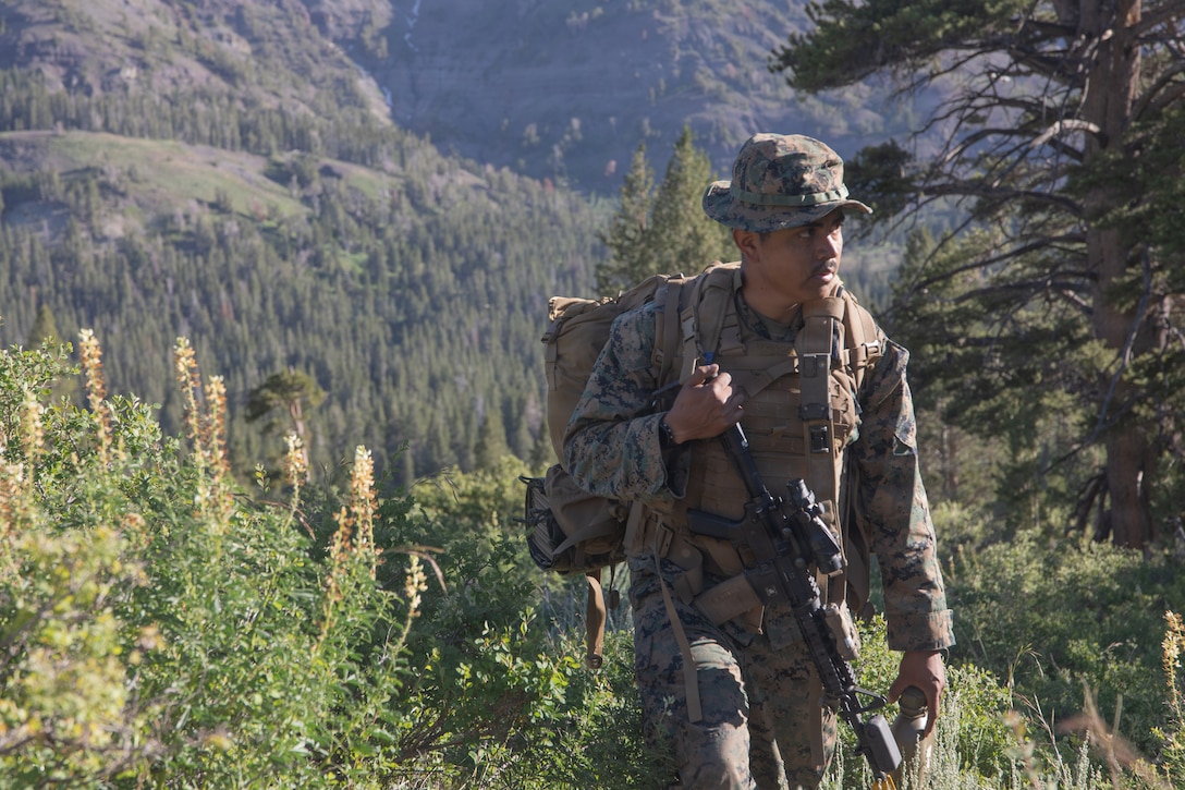 A U.S. Marine with 3rd Battalion, 25th Marine Regiment, 4th Marine Division, posts for security during Mountain Training Exercise (MTX) 26-3 at Marine Corps Mountain Warfare Training Center, Bridgeport, California, July 15, 2026. MTX is an annual two-week training evolution that is designed to strengthen unit cohesion and prepare the battalion for rapid mobilization in support of future global operations. (U.S. Marine Corps photo by Cpl. Orion Stpierre)