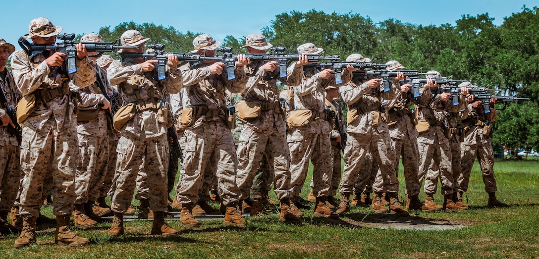 Recruits with Charlie Company, 1st Recruit Training Battalion, practice sighting in during Grass Week on Marine Corps Recruit Depot Parris Island, S.C., July 20, 2026.  During Grass Week, recruits learn and test on rifle operation and usage in preparation for Table One Qualification the following week. (U.S. Marine Corps photo by Cpl. Jordy Morales)