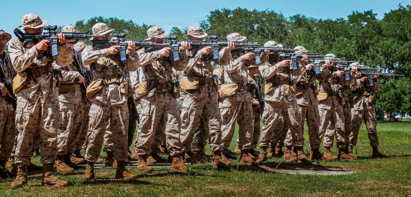 Recruits with Charlie Company, 1st Recruit Training Battalion, practice sighting in during Grass Week on Marine Corps Recruit Depot Parris Island, S.C., July 20, 2026.  During Grass Week, recruits learn and test on rifle operation and usage in preparation for Table One Qualification the following week. (U.S. Marine Corps photo by Cpl. Jordy Morales)