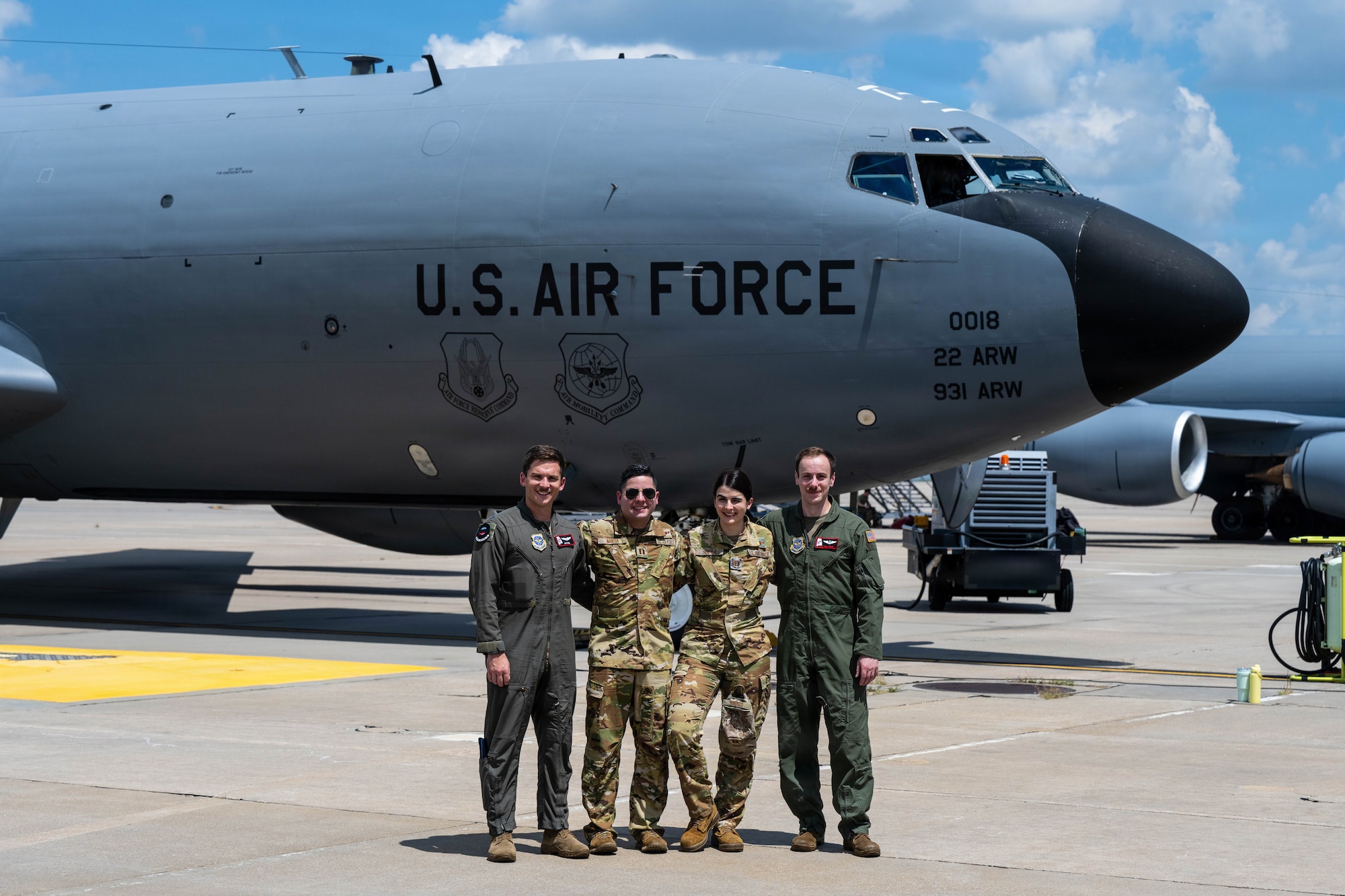 A crew from the 99th Air Refueling Squadron in Birmingham, Alabama, poses for a photo at McConnell Air Force Base, Kansas, July 14, 2026. The crew was at McConnell to deliver a KC-135 Stratotanker to MacDill Air Force Base, Florida. (U.S. Air Force photo by Airman 1st Class Patrick O’Neill)