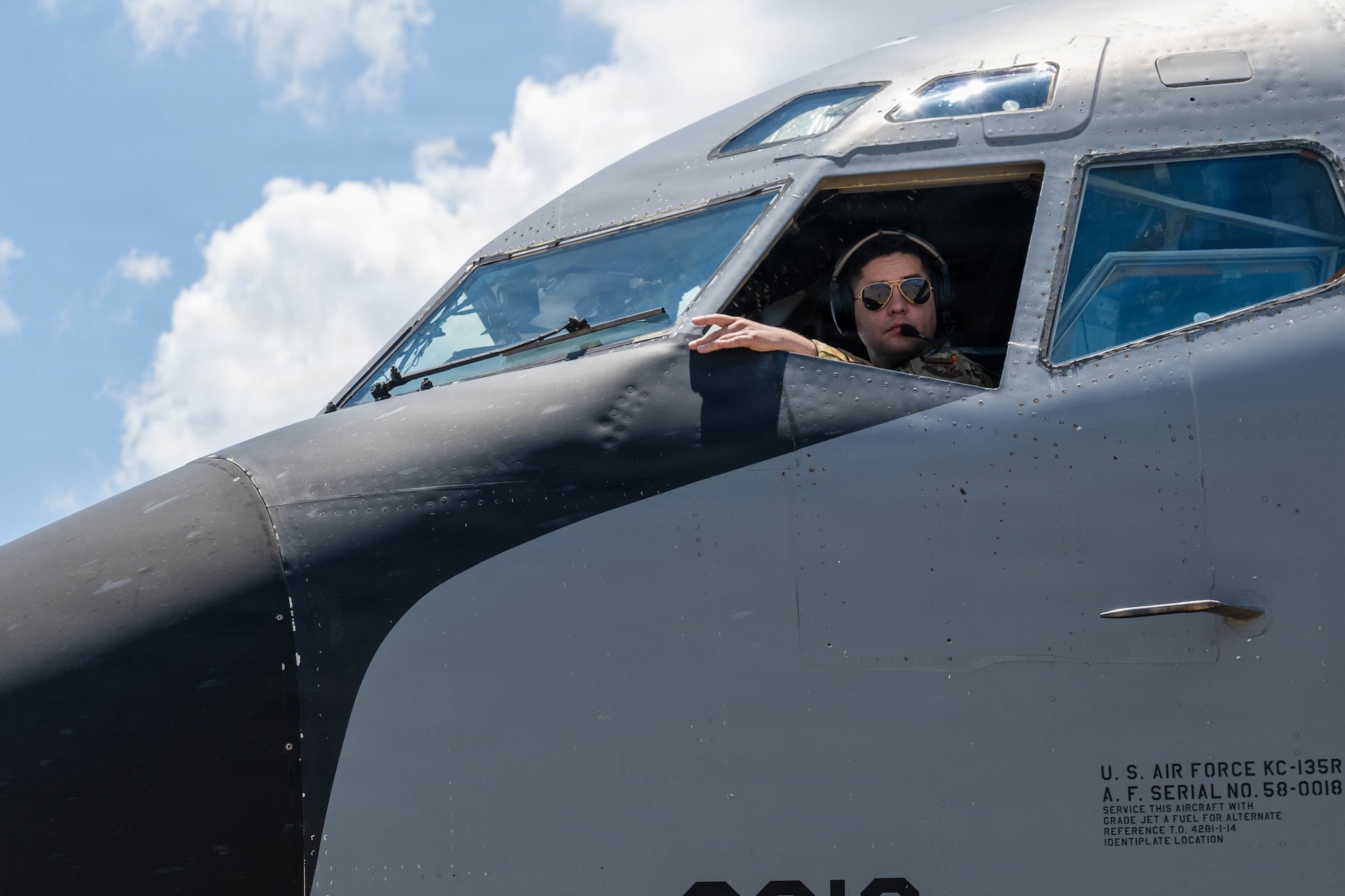 A pilot from the 99th Air Refueling Squadron from Birmingham, Alabama, prepares to taxi a KC-135 Stratotanker at McConnell Air Force Base, Kansas, July 14, 2026. The 99th ARS crew was at McConnell to deliver a KC-135 Stratotanker to Macdill Air Force Base, Florida. (U.S. Air Force photo by Airman 1st Class Patrick O’Neill)